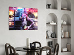 Harley Quinn panel adding editorial whimsy to a teen lounge