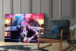 Harley Quinn glass print enhancing a gaming room with cinematic drama