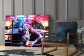 Harley Quinn glass print enhancing a gaming room with cinematic drama
