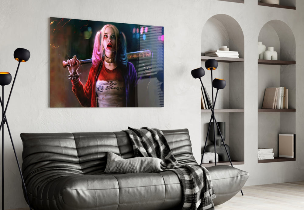 Harley Quinn glass wall art styled above a desk in a kids room