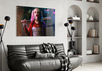 Harley Quinn glass wall art styled above a desk in a kids room