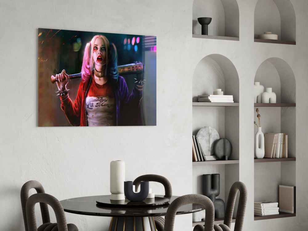 Harley Quinn panel adding editorial drama to a teen lounge