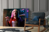 Harley Quinn glass print enhancing a gaming room with cinematic mood