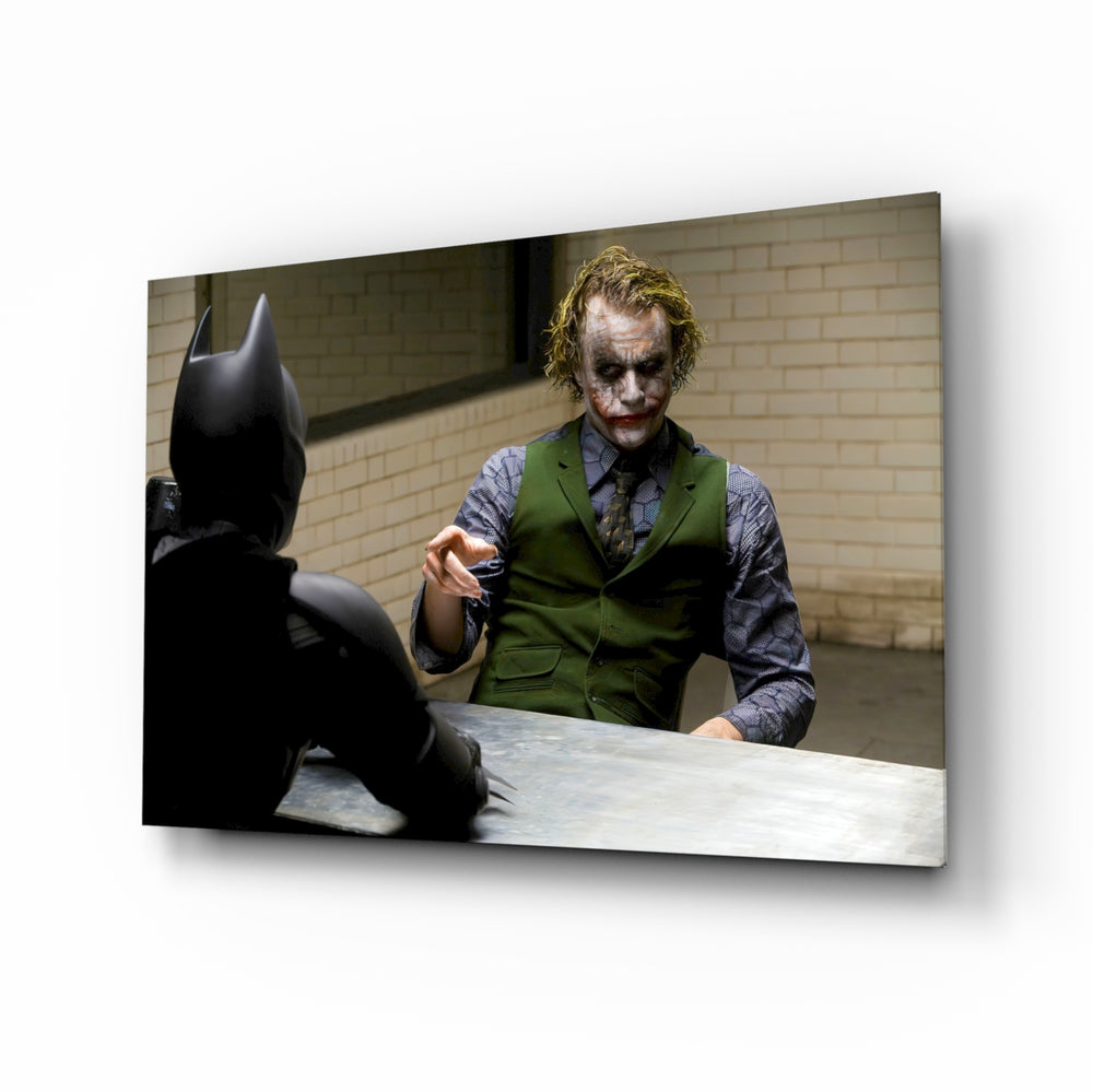 Interrogation glass wall art displayed above a leather chesterfield in a brick-walled home theater with reclaimed-wood console and projector screen