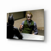 Interrogation glass wall art displayed above a leather chesterfield in a brick-walled home theater with reclaimed-wood console and projector screen