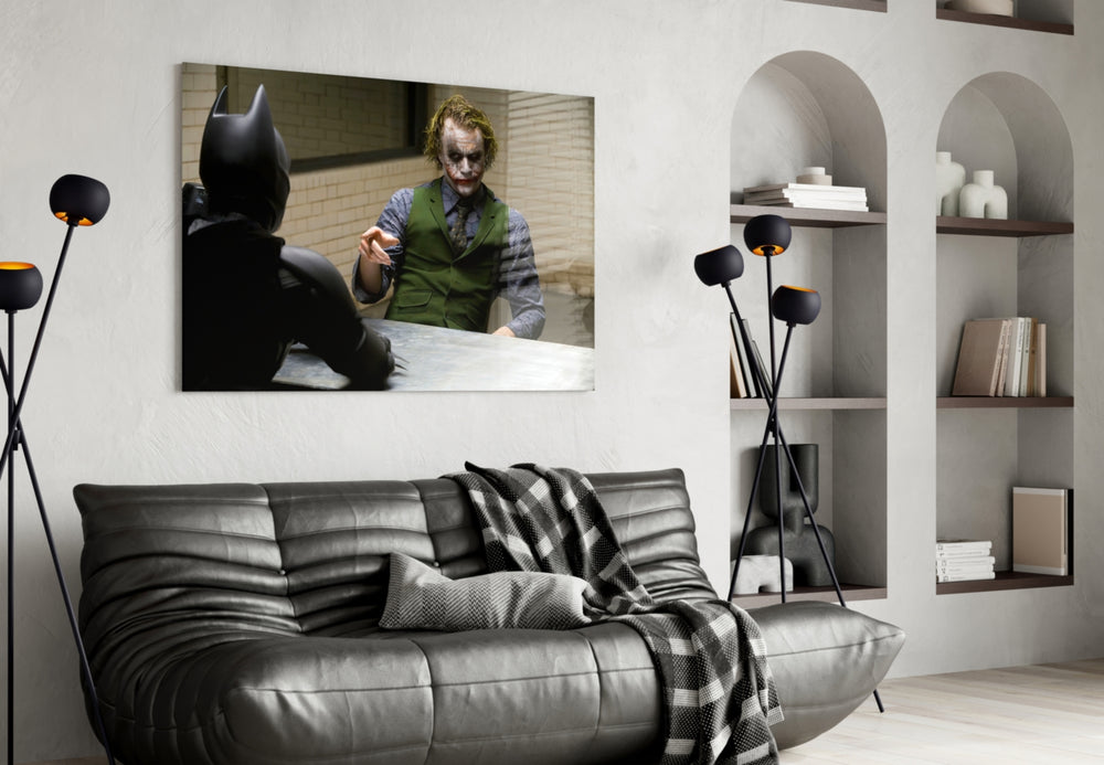 Interrogation glass wall art styled above a sofa in a gaming room