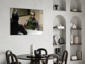 Interrogation panel adding editorial gravity to a man cave