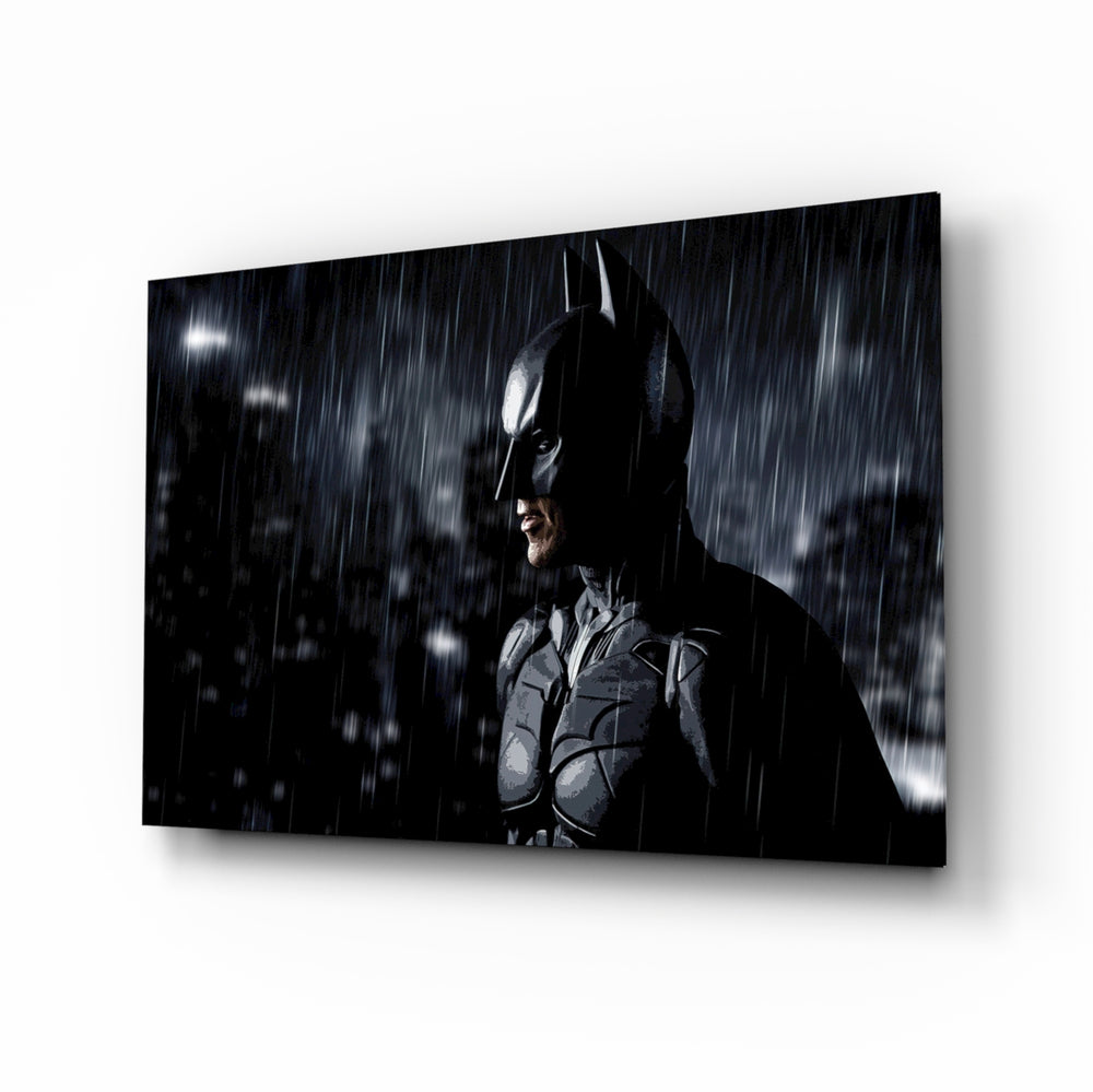 Batman glass wall art displayed above a charcoal sofa in a brick-walled home theater with reclaimed-wood console and projector screen