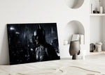 Batman close-up showing cowled hero in heavy rain on Gotham rooftop