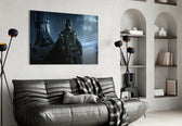 Batman glass wall art styled above a desk in a kids room