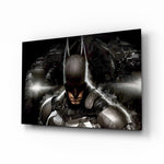Batman glass wall art displayed above a leather chesterfield in a slate-walled man cave with reclaimed-wood console and matte-black floor lamp