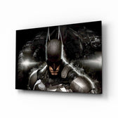 Batman glass wall art displayed above a leather chesterfield in a slate-walled man cave with reclaimed-wood console and matte-black floor lamp