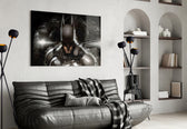 Batman glass wall art styled above a sofa in a gaming room