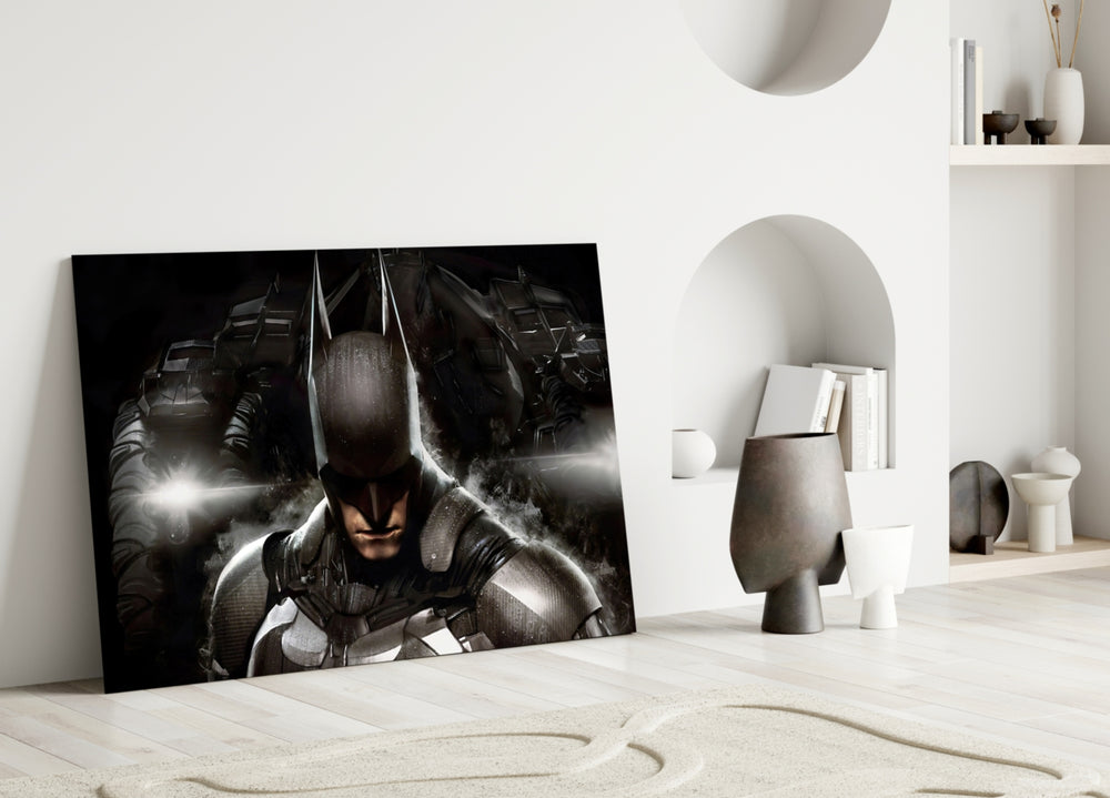 Batman close-up showing armored Dark Knight between two Batmobiles in fog