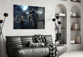 Batman glass wall art styled above a sofa in a gaming room