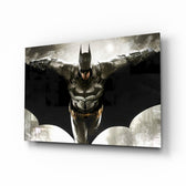 Batman glass wall art displayed above a leather chesterfield in a brick-walled man cave with reclaimed-wood console and matte-black floor lamp