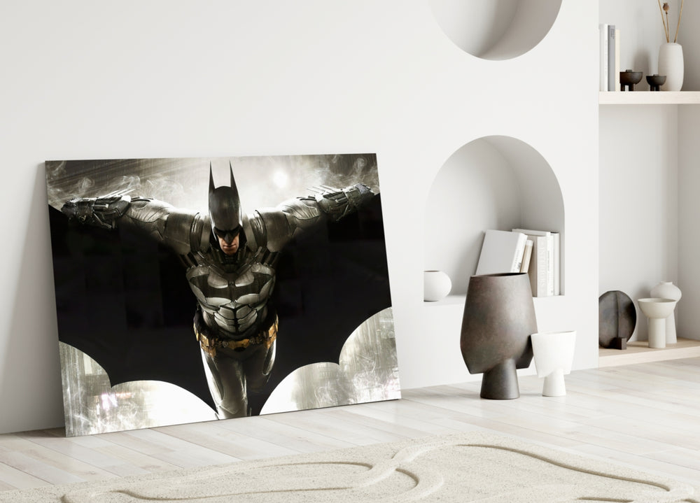 Batman close-up showing armored Dark Knight wings wide before cream bat-symbol