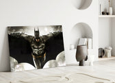 Batman close-up showing armored Dark Knight wings wide before cream bat-symbol