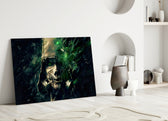 Balustrade close-up showing hooded gas-mask figure amid emerald sparks and shards