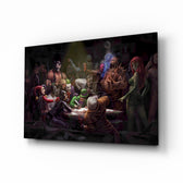 Letter to Batman glass wall art displayed above a leather chesterfield in a brick-walled man cave with reclaimed-wood console and matte-black floor lamp