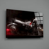 Cinematic-portrait panel bringing industrial gravity to a contemporary gaming lounge
