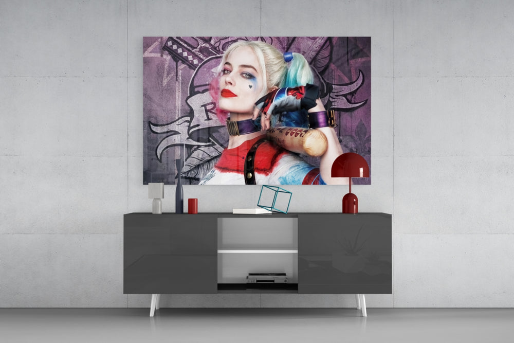 Harley Quinn panel catching screen glow to reveal its electric saturation