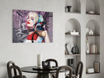 Harley Quinn panel adding editorial drama to a teen lounge