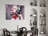 Harley Quinn panel adding editorial drama to a teen lounge