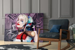Harley Quinn glass print enhancing a gaming room with cinematic mood