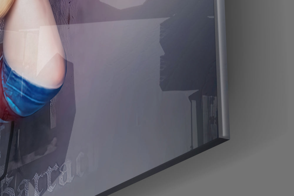 Harley Quinn artwork anchoring a wall with dark dramatic palette
