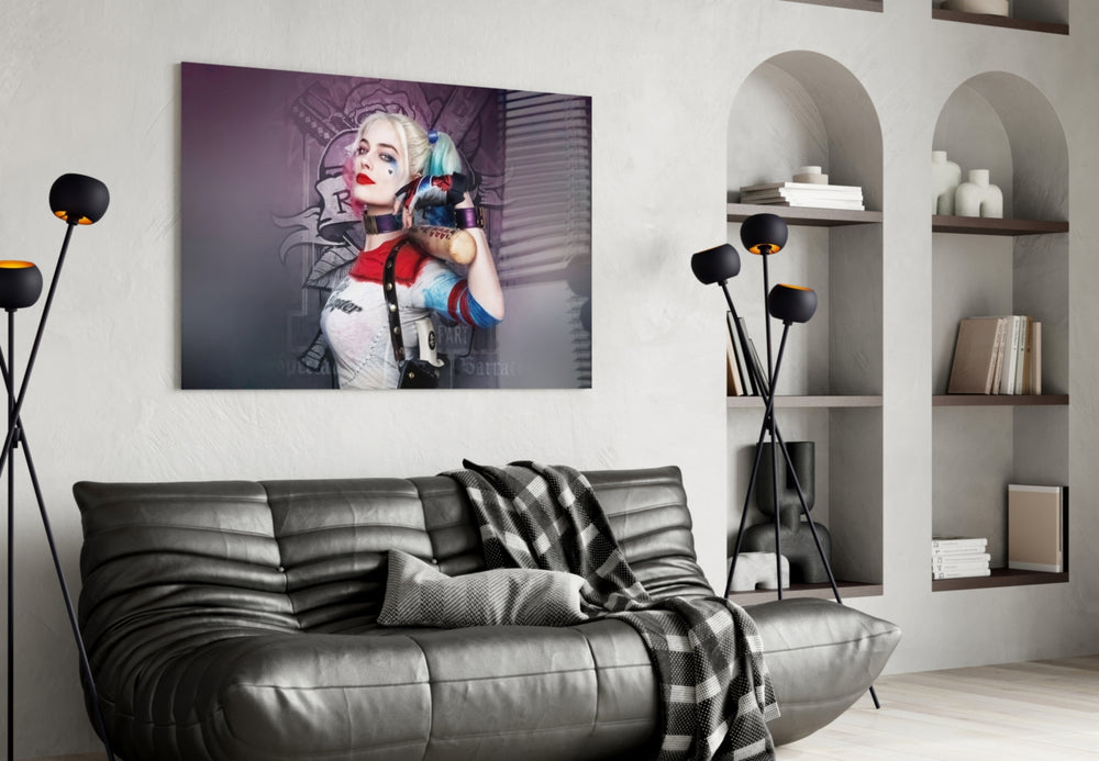 Harley Quinn glass wall art styled above a desk in an office