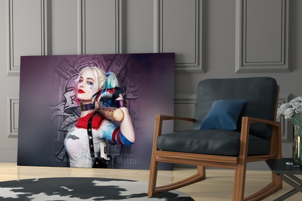 Harley Quinn glass print enhancing a gaming room with cinematic gravity
