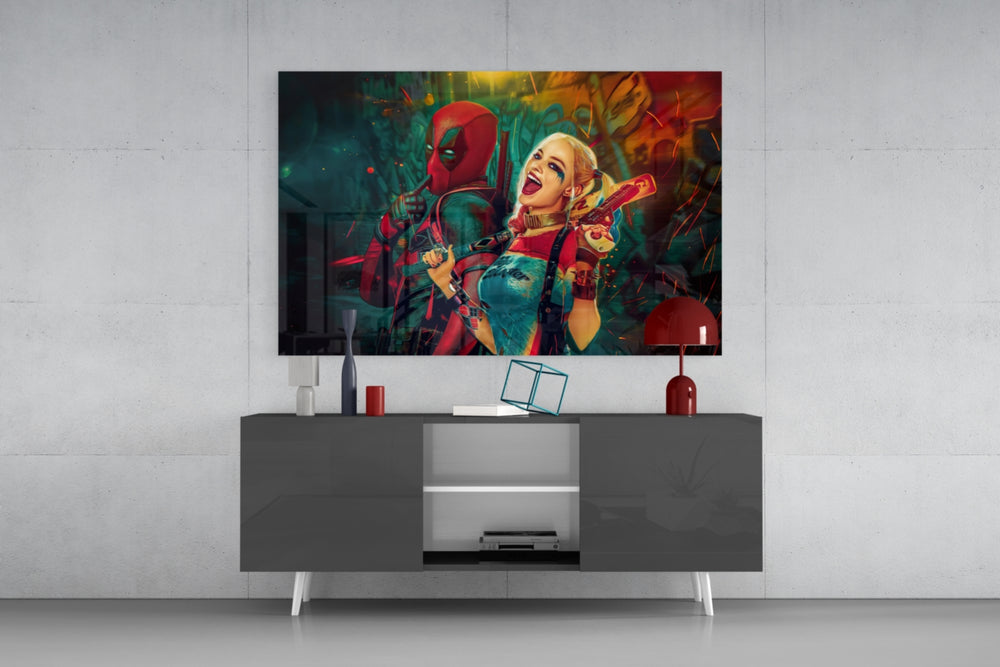 Harley Quinn and Deadpool panel catching screen glow to reveal its electric saturation