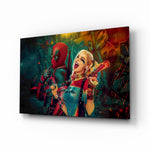 Harley Quinn and Deadpool glass wall art displayed above a black gaming sofa in a brick-walled lounge with neon arcade sign and reclaimed-wood console