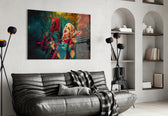 Harley Quinn and Deadpool glass wall art styled above a desk in a kids room