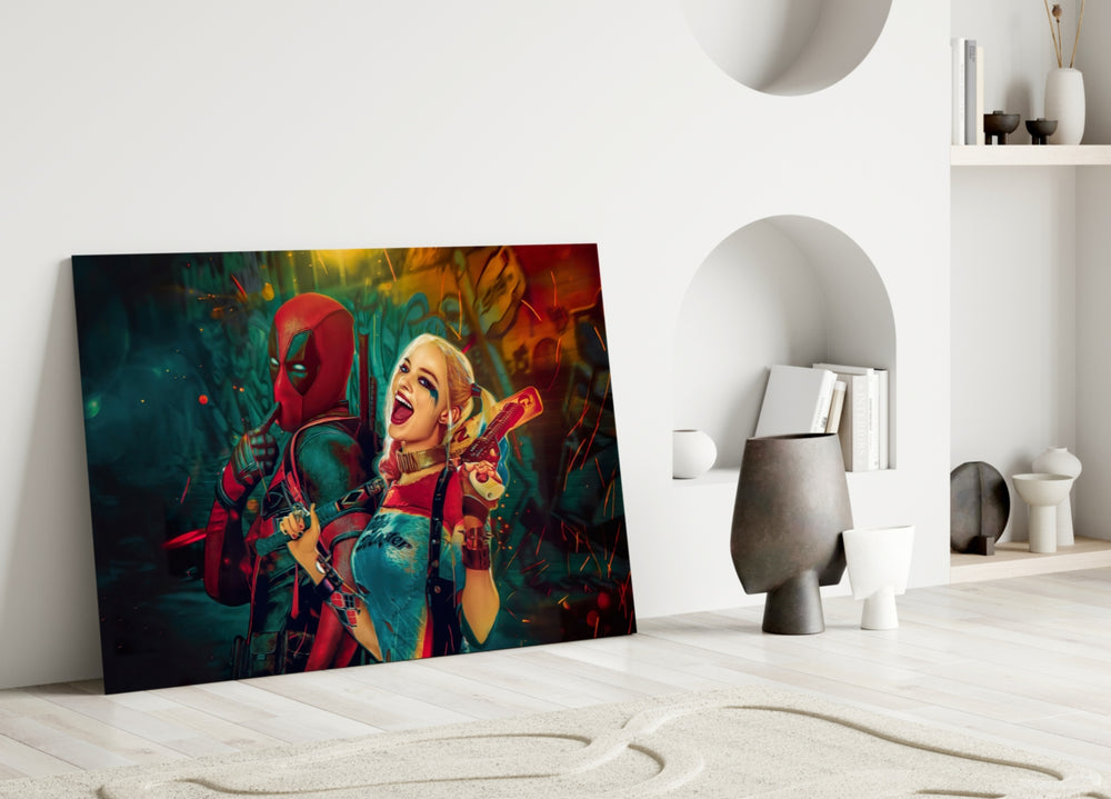 Harley Quinn and Deadpool close-up showing pigtailed heroine and Deadpool back-to-back amid sparks