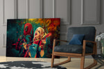 Harley Quinn and Deadpool glass print enhancing a man cave with cinematic drama