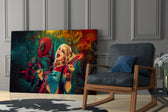 Harley Quinn and Deadpool glass print enhancing a man cave with cinematic drama