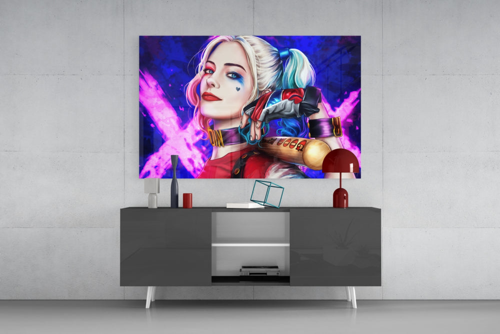 Harley Quinn panel catching screen glow to reveal its electric saturation