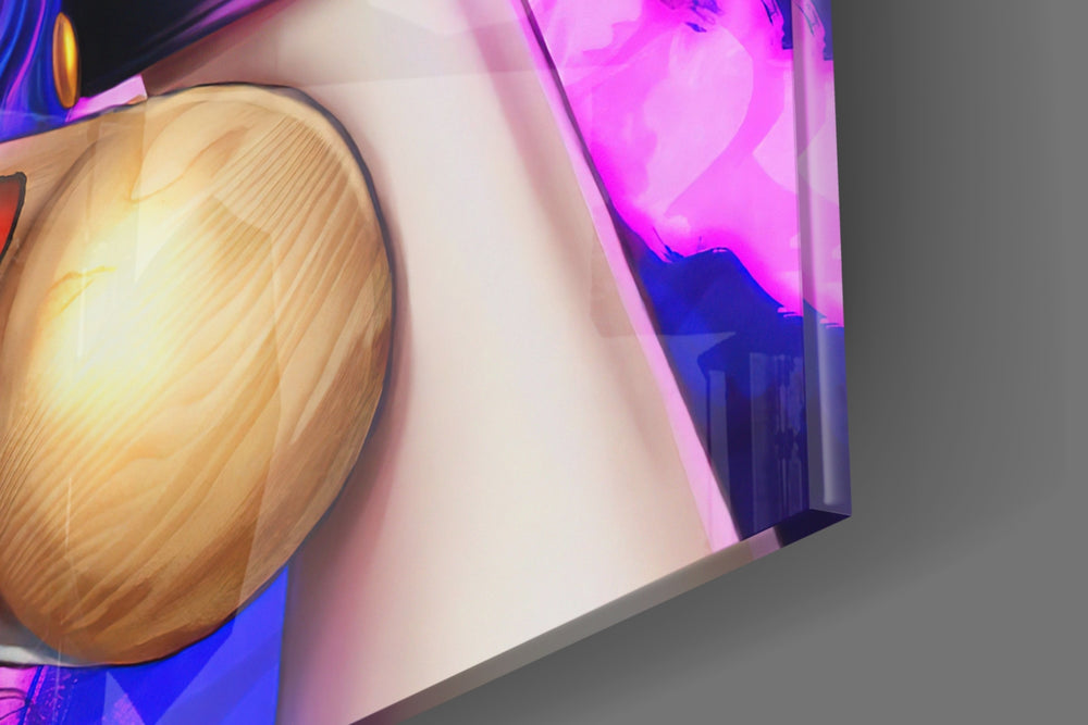 Harley Quinn artwork anchoring a wall with bold neon-vibrant palette