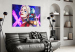 Harley Quinn glass wall art styled above a desk in a kids room