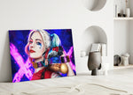 Harley Quinn close-up showing pigtailed heroine on cobalt magenta X-tag wall