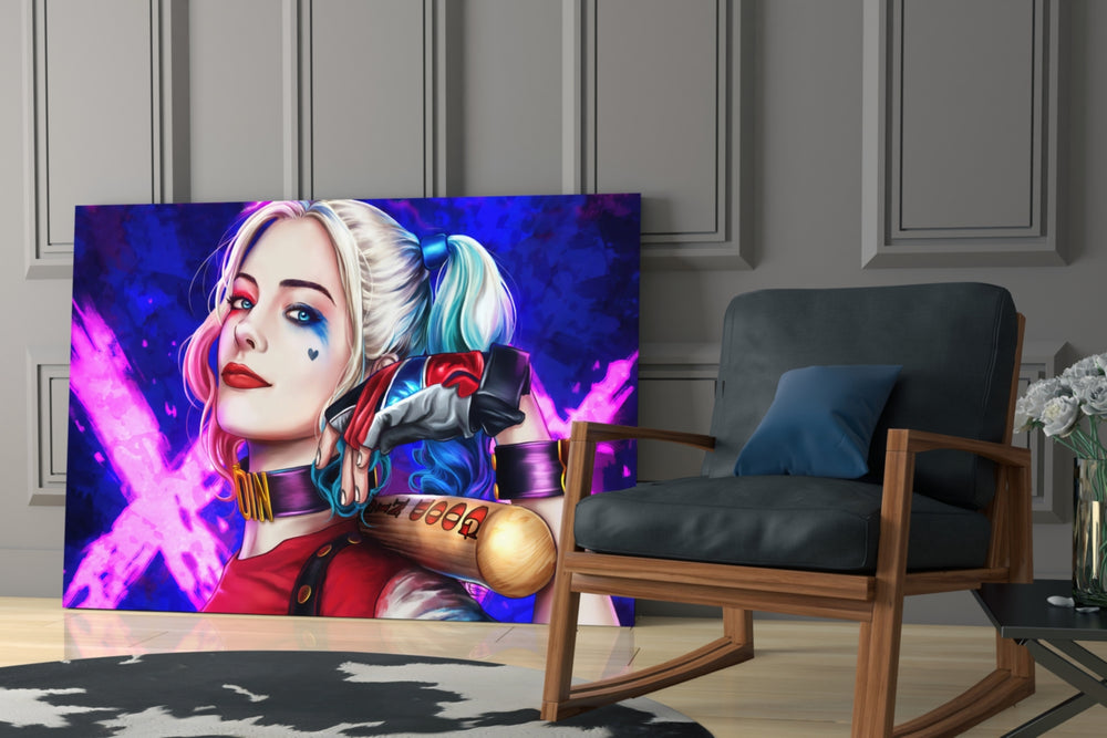 Harley Quinn glass print enhancing an office with cinematic mood