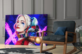Harley Quinn glass print enhancing an office with cinematic mood