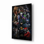 Batman Universe glass wall art displayed beside a leather chesterfield in a brick-walled man cave with reclaimed-wood console and matte-black floor lamp
