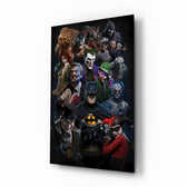 Batman Universe glass wall art displayed beside a leather chesterfield in a brick-walled man cave with reclaimed-wood console and matte-black floor lamp