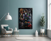 Batman Universe glass wall art styled above a desk in a kids room