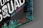 Harley Quinn artwork anchoring a wall with bold energetic palette