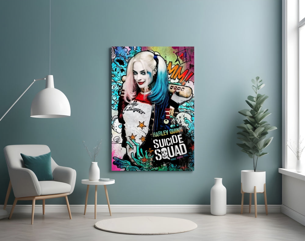 Harley Quinn glass wall art styled above a desk in a kids room
