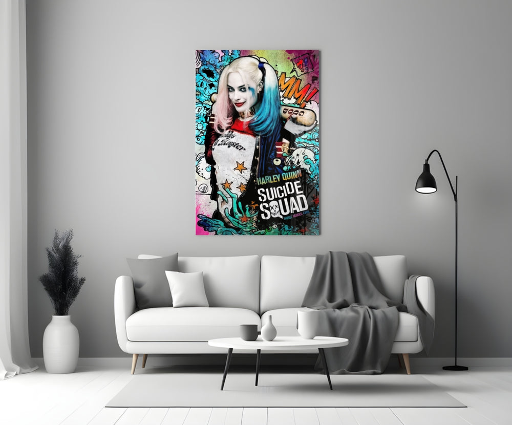 Harley Quinn close-up showing pigtailed heroine on Suicide Squad poster collage